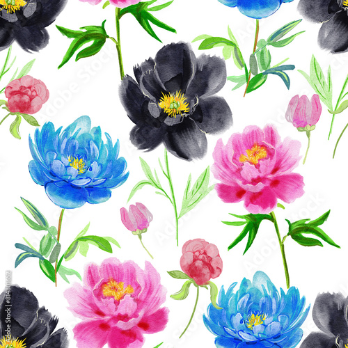collage of flowers. Seamless hand drawn watercolor pattern. Peony flowers.  © Olesia La