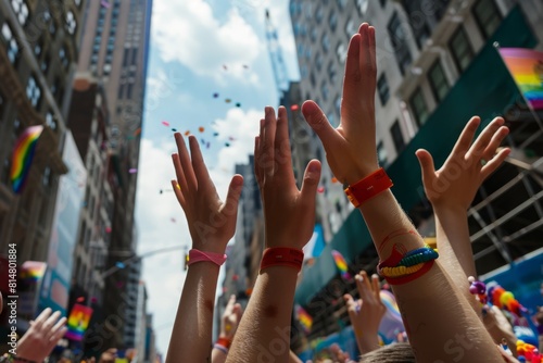 Hands in the air. Amidst the rainbow-colored confetti raining down from above, the Pride celebration reached a crescendo of exuberance and pride, a joyous affirmation of the community's unity  photo