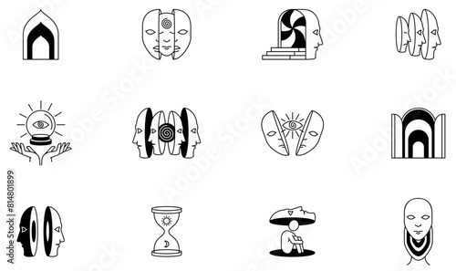 Vector Set of Linear Symbols Related to Hidden Human Potential and Talent, Inner Space of Creativity and Personal Development. Minimalist style, design elements and symbols - part 9