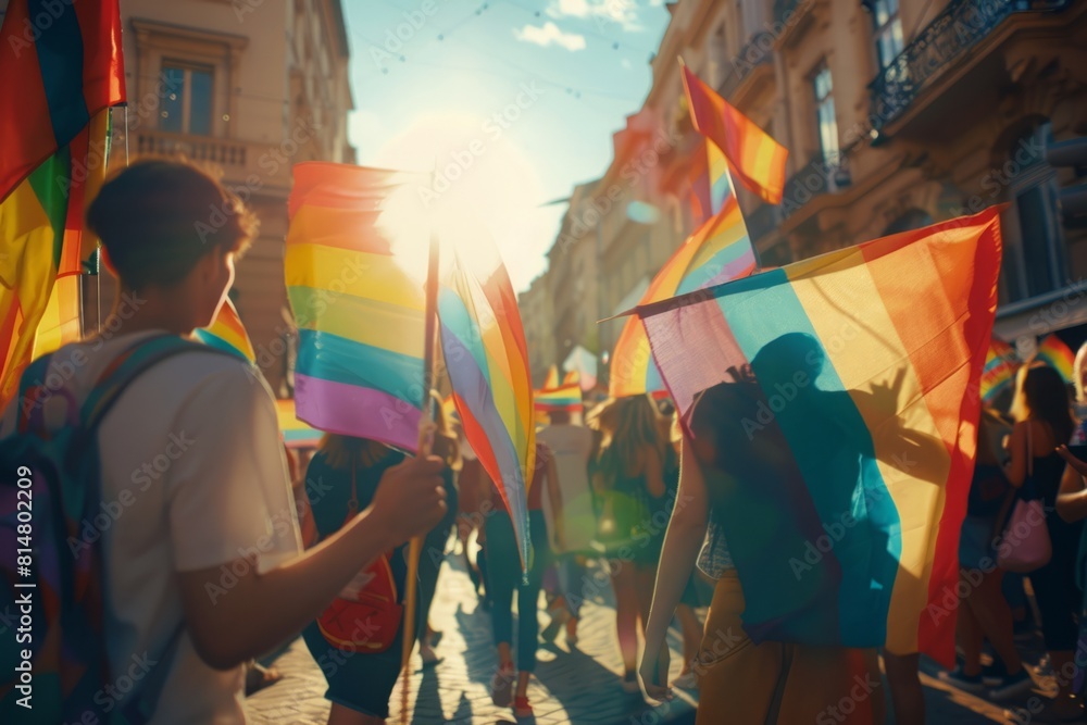 Fototapeta premium With rainbow flags waving proudly overhead, the bustling street became a river of unity and pride, as diverse members of the LGBTQ community came together in celebration of their identities