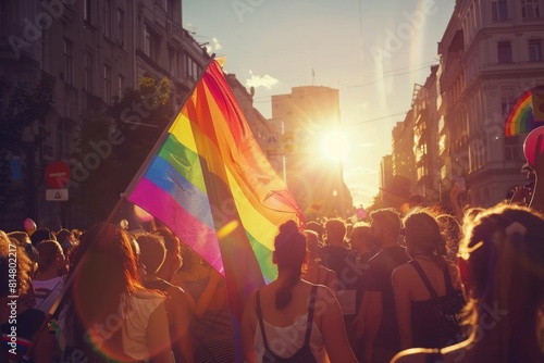 As the sun dipped low on the horizon, the Pride celebration illuminated the street with a kaleidoscope of colors, a dazzling display of unity and love within the LGBTQ community photo