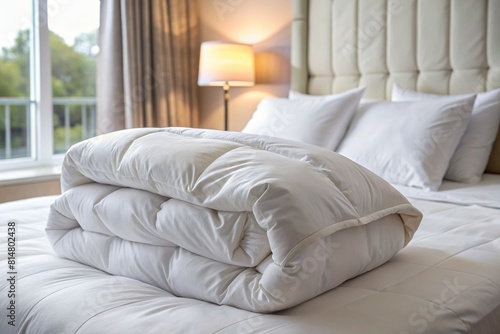 Wallpaper Mural Preparing for the cold winter season, housekeeping, hotel or home textiles. A white folded duvet is lying on the made-up bed. Torontodigital.ca