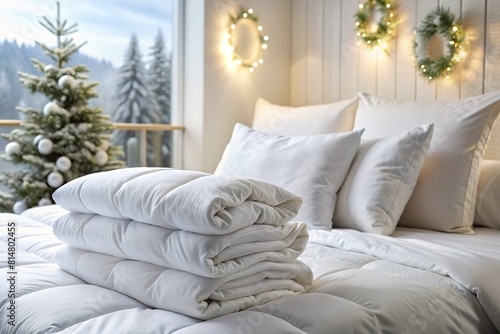Preparing for the cold winter season, housekeeping, hotel or home textiles. A white folded duvet is lying on the made-up bed.