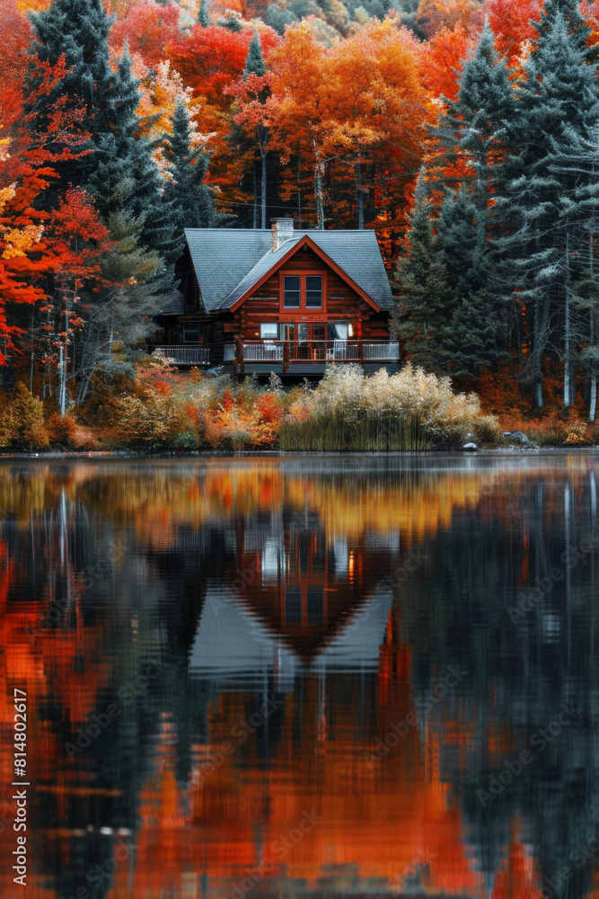 A tranquil lakeside cabin nestled amidst a forest of vibrant autumn foliage, with trees ablaze in hues of red, orange, and gold, reflecting in the calm waters of the lake. A tranquil lakeside cabin nestled amidst a forest of vibrant autumn foliage, with trees ablaze in hues of red, orange, and gold, reflecting in the calm waters of the lake.