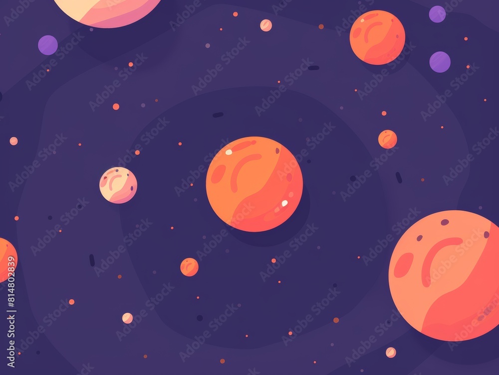 Fototapeta premium Asteroid belt circling a star, Starry space scene with vibrant orange purple planets varying in size, scattered across deep blue background with numerous small stars, creating sense vastness mystery.