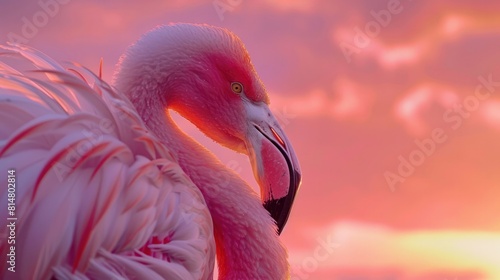 Close-up portrait of beautiful pink flamingo birds. Flamingo against the background of a sunset pink-yellow sky photo