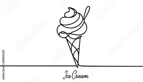 Ice cream in waffle cone in one continuous line drawing. Symbol dessert.