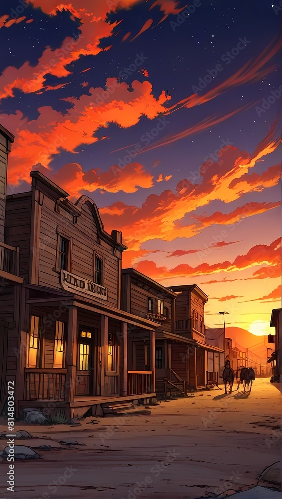 Fototapeta premium Wild west town sunset scene, landscape anime illustration background