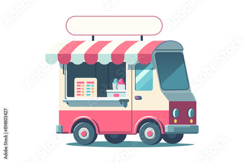 Street food truck template. Vector line trade van illustration. Mobile cafe car logo background. Festival shop transport to cook and sell meals