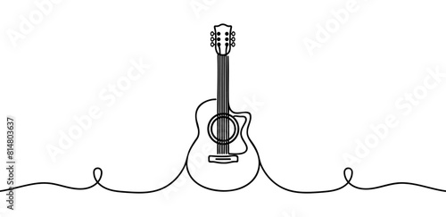 One continuous line drawing guitar isolated on white background