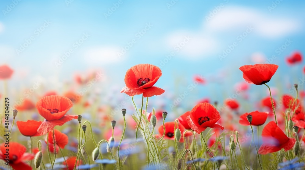 Fototapeta premium Beautiful closeup of poppies poppy Papaver rhoeas flowers in nature. Natural spring summer landscape with red poppies