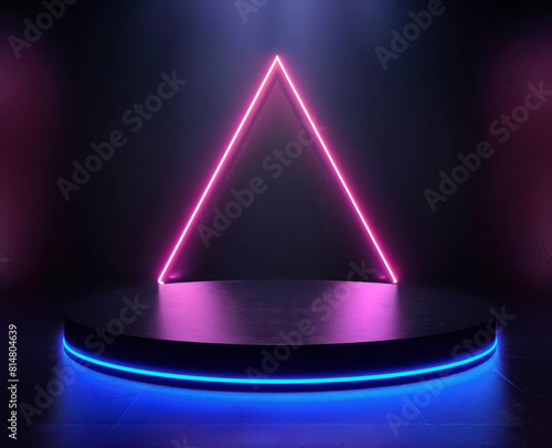 futuristic neon triangle podium on dark background, modern minimalist design