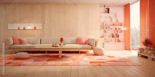 Light birch wood tiles alongside a vibrant coral carpet  bringing a touch of brightness to the room. 