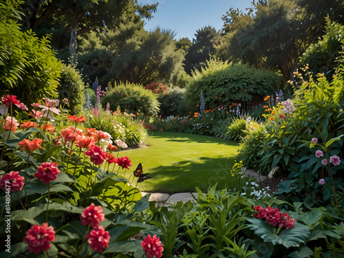 A lush garden in full bloom during the summer months  with a variety of flowers  trees  and plants.