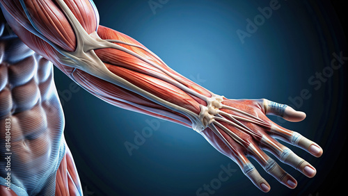 High-resolution image focusing on tendons in the forearm, showcasing their resilience during gripping and wrist movements. photo