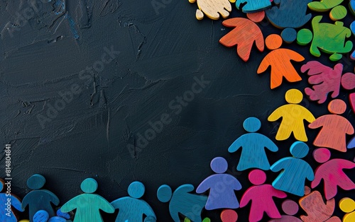 Colorful painted group of people wood figures, community concept. Paper cut craft, human network photo