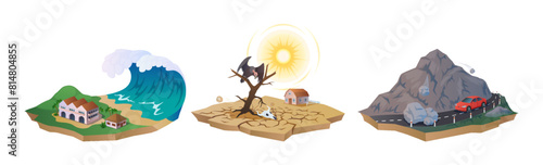 Tsunami, drought and falling rocks danger 2D cartoon objects set. Catastrophic natural disasters isolated vector scenes white background