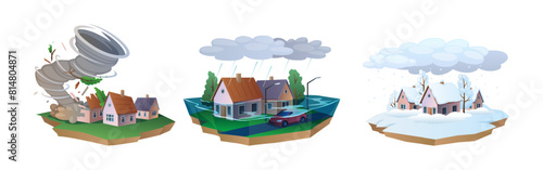 Tornado, flood and heavy snowfall in town 2D cartoon objects set. Disaster accidents destroying villages isolated vector scenes white background