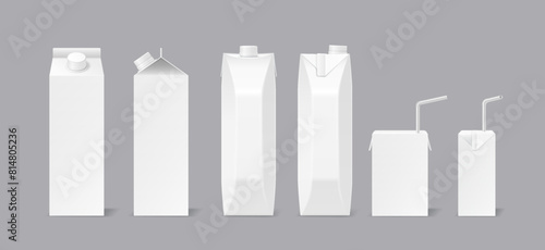 Blank drink packs of different sizes realistic vector illustration set. Liquid products recyclable packaging 3d objects on grey background