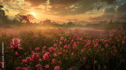 The image shows a beautiful landscape with a meadow of pink flowers in the foreground and a forest in the background