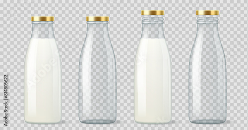 Milk glass bottles with lids realistic vector illustration set. Farmer dairy product empty and blank reusable containers 3d objects on white background
