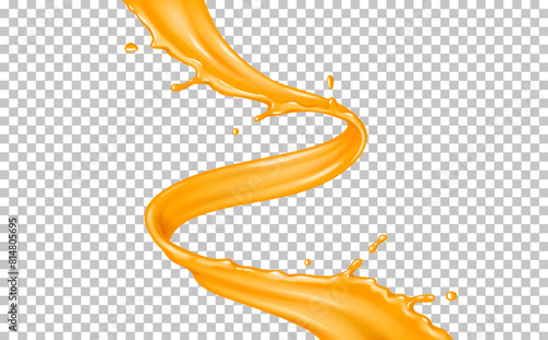 Fresh orange juice spiral flow strip realistic vector illustration. Healthy product. Natural drink swirl in motion 3d object on transparent background