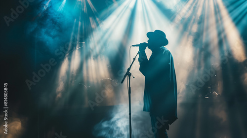 portrait of a singer on the stage in colored light and smoke