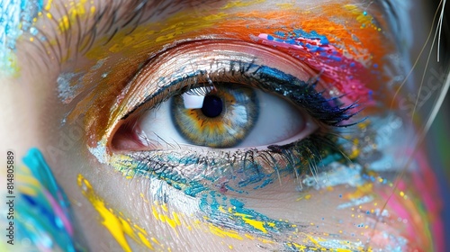 Eye of model with colorful art make-up, close-up background