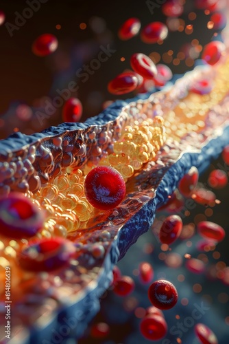 In-depth 3D visualization illustrating the inner structure of a clogged blood vessel in connection with APS-associated blood clotting