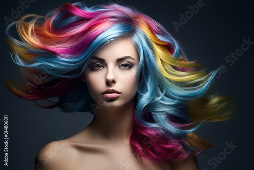Vibrant and multicolored flowing hair portrait of a young adult woman with a creative and stylish rainbow hairstyle in blue. Pink. And yellow