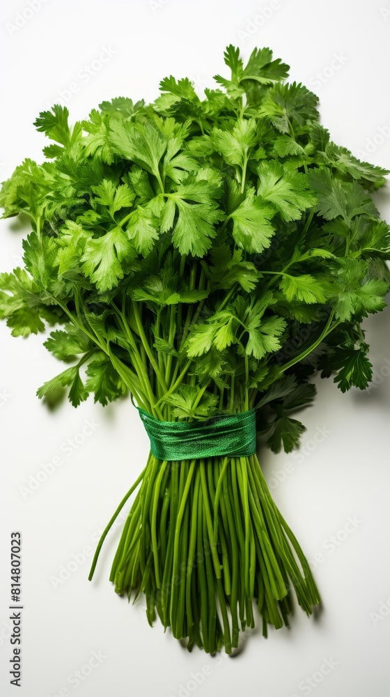 Isolated bunch of freshly picked coriander on a white background, with a QR code tag indicating traceability through blockchain technology Isolated bunch of freshly picked coriander on a white background, with a QR code tag indicating traceability through blockchain technology