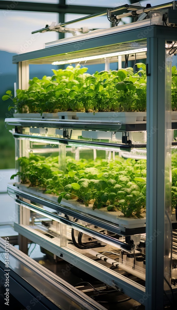 Smart greenhouse with automated sensors and irrigation system, carefully tending to diverse herbs growing in neat rows Smart greenhouse with automated sensors and irrigation system, carefully tending to diverse herbs growing in neat rows