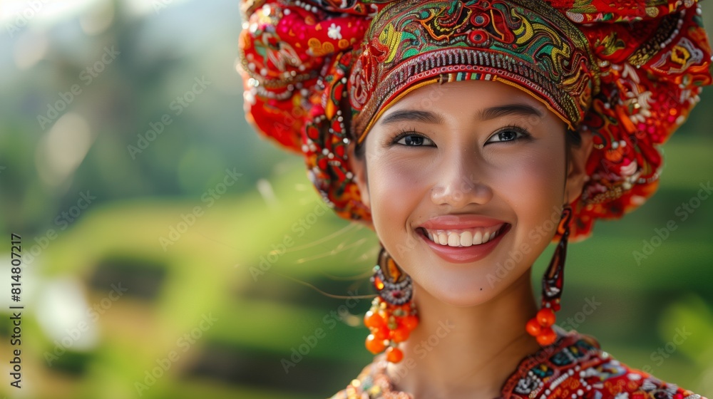 Portrait of an Indonesian woman wearing traditional Balinese cultural clothing dress with lots of gold ornaments or props. Green rice terrace background. Place for text. Ethnic traditional costume