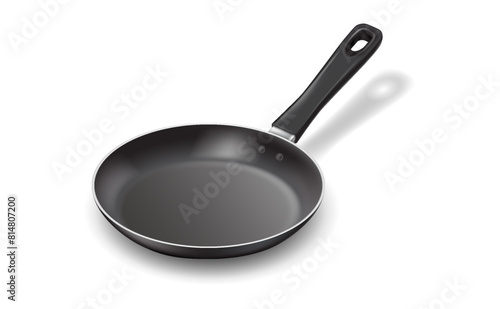 Nonstick frying pan with handle realistic vector illustration. Kitchen dishware design. Food preparation equipment 3d object on white background