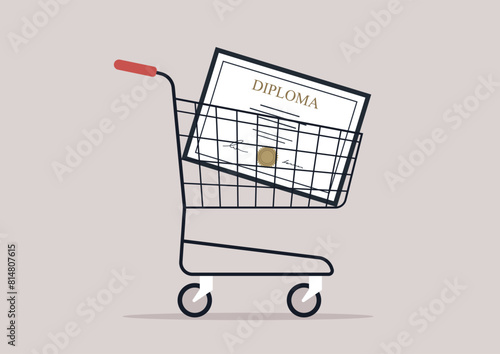 A symbolic representation of a student loan, a diploma in a supermarket cart