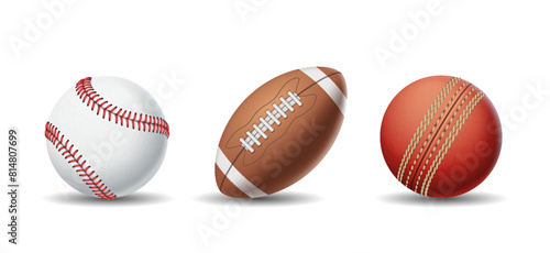 Baseball, American football and cricket balls realistic vector illustration set. Team sports inventory. Equipment for active training 3d objects