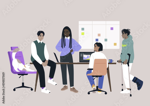 Collaborative Moment at a Modern Office Space, Colleagues standing and sitting around a desk, engaged in a team discussion