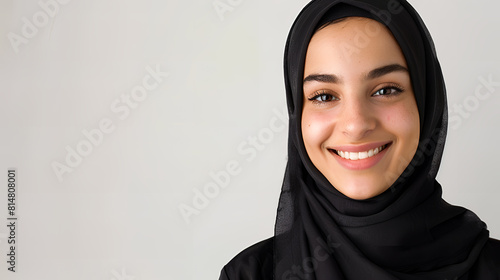Hijab beauty muslim woman, black hijab muslim fashion modest and stylish, space background © yafi4
