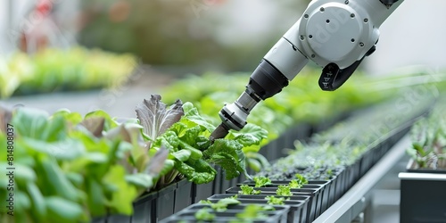 Automating hydroponic lettuce harvesting with an AI robotic arm in a computer-controlled system. Concept Hydroponic Farming, AI Technology, Robotic Arm, Lettuce Harvesting, Computer-Controlled System photo