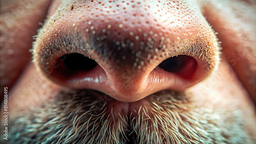 Extreme closeup of a nose with the focus on the nasal hairs, essential for filtering particles from the air. photo