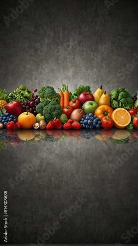 Healthy food clean eating options: fruit, vegetables, grains, superfoods, cereals, leaf vegetables on gray concrete background