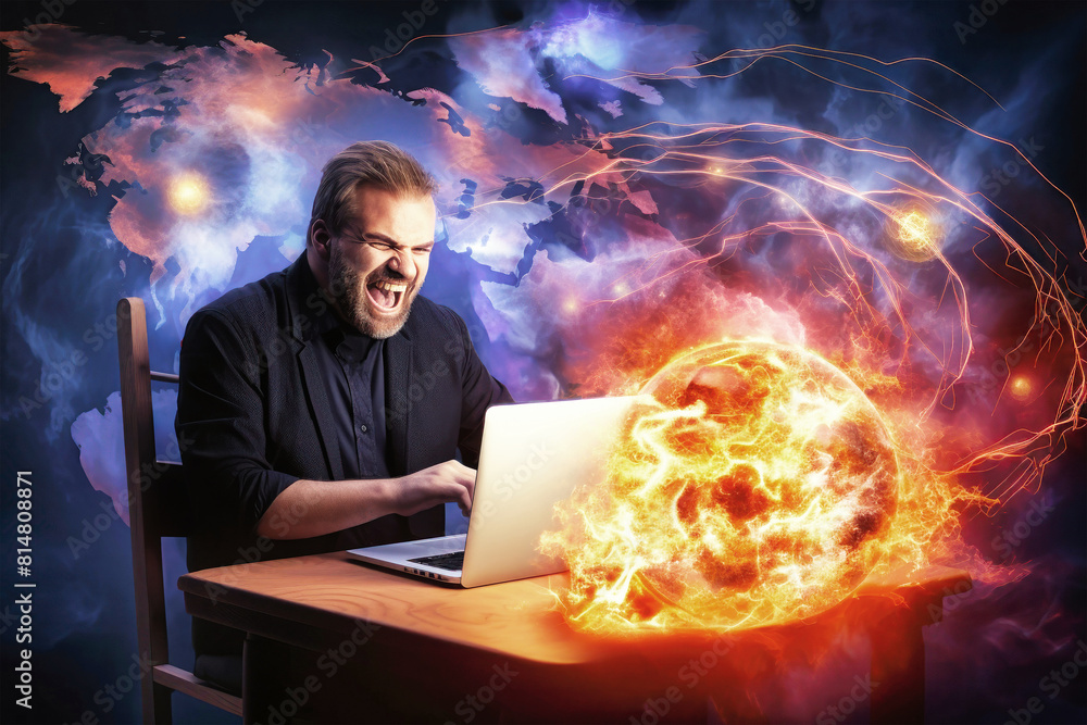 A man immersed in hacking a computer network, sits at a table with a laptop in front of him as a mesmerizing fireball blazes behind A man immersed in hacking a computer network, sits at a table with a laptop in front of him as a mesmerizing fireball blazes behind