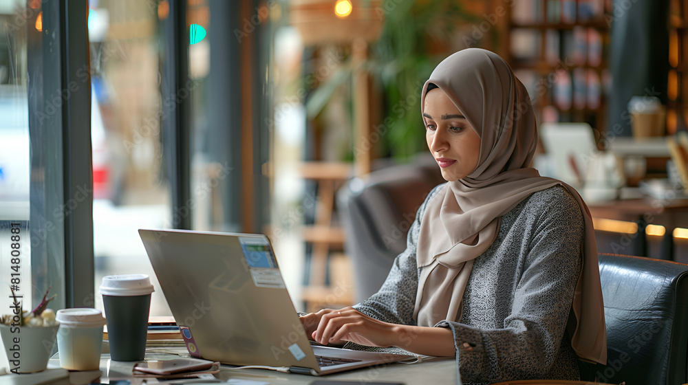 Muslim women enjoying a productive day at the cafe with my laptop and coffee, work life hijab style Muslim women enjoying a productive day at the cafe with my laptop and coffee, work life hijab style