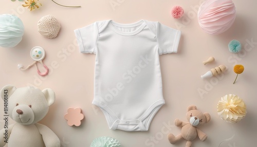 top view white baby bodysuit shirt with children toys on beige background, copy space,mock up, mockup, template