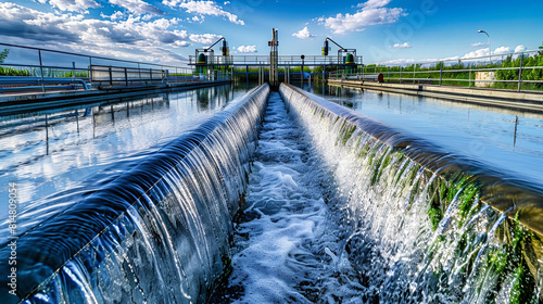 A mesmerizing water pipe spouting clear water in an industrial setting, symbolizing the beauty and importance of water treatment processes photo