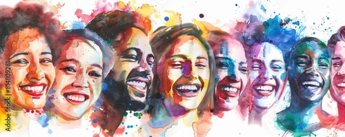 Happy group of diverse multi-racial, multi-ethnic people laughing together in energetic watercolor style photo