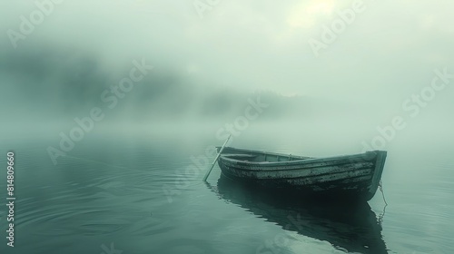 At the edge of a mist-covered lake, a rowboat floats eerily, its oars resting as if the rower has vanished into the mystical, otherworldly fog.