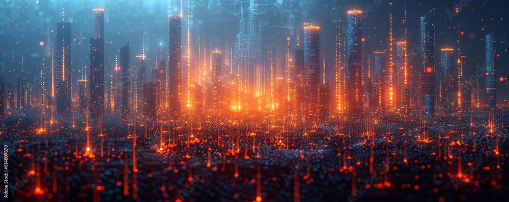 Futuristic cityscape with glowing digital skyscrapers under a dark sky