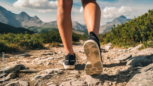 close-up of a person’s legs and feet, wearing black shoes with white soles, walking on a rocky mountain trail surrounded by lush greenery and majestic mountains under a clear sky hiking adventure