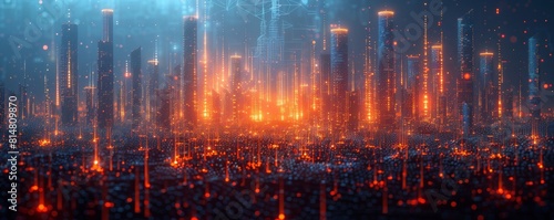 Futuristic cityscape with glowing digital skyscrapers under a dark sky